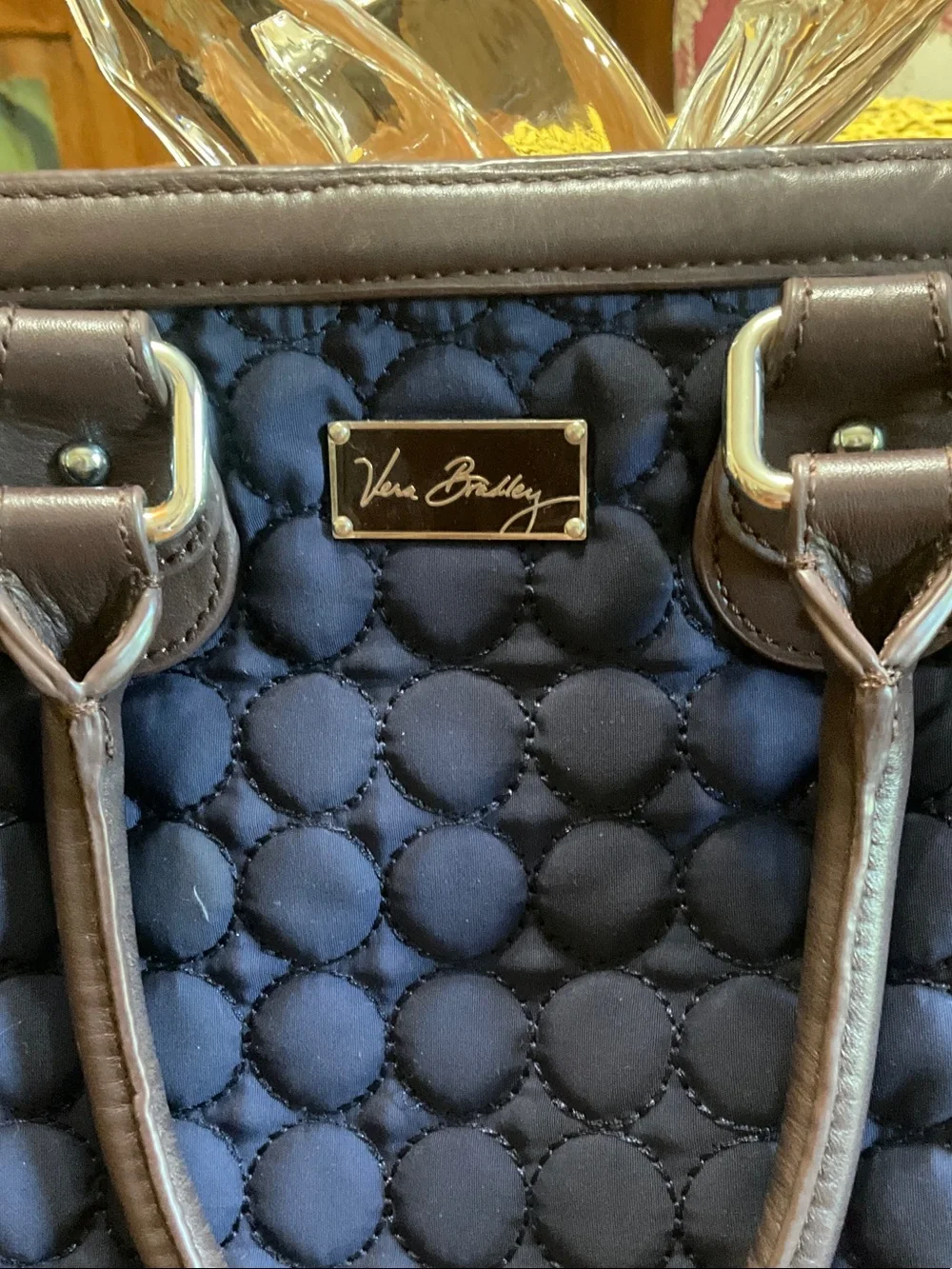 Vera Bradley Navy Quilted Satchel with Brown Trim and Handles